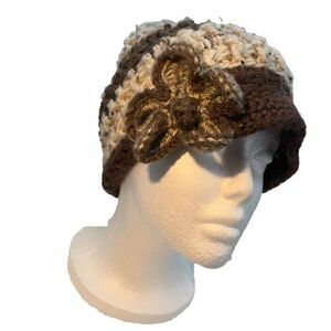 Handmade knit brown Cream Boho Beanie With Flower One Size